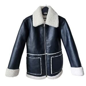 Abercrombie & Fitch Black Jacket Vegan Leather Shearling Lined Coat Womens XS